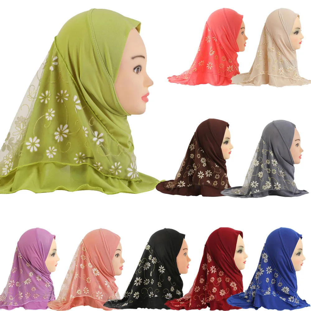 

Flower Mesh Muslim Kids Hijab Turban Cap Girls Islamic Amira Ramadan Headscarf Pull On Instant Child Hat Headwear Wrap 2-6Years