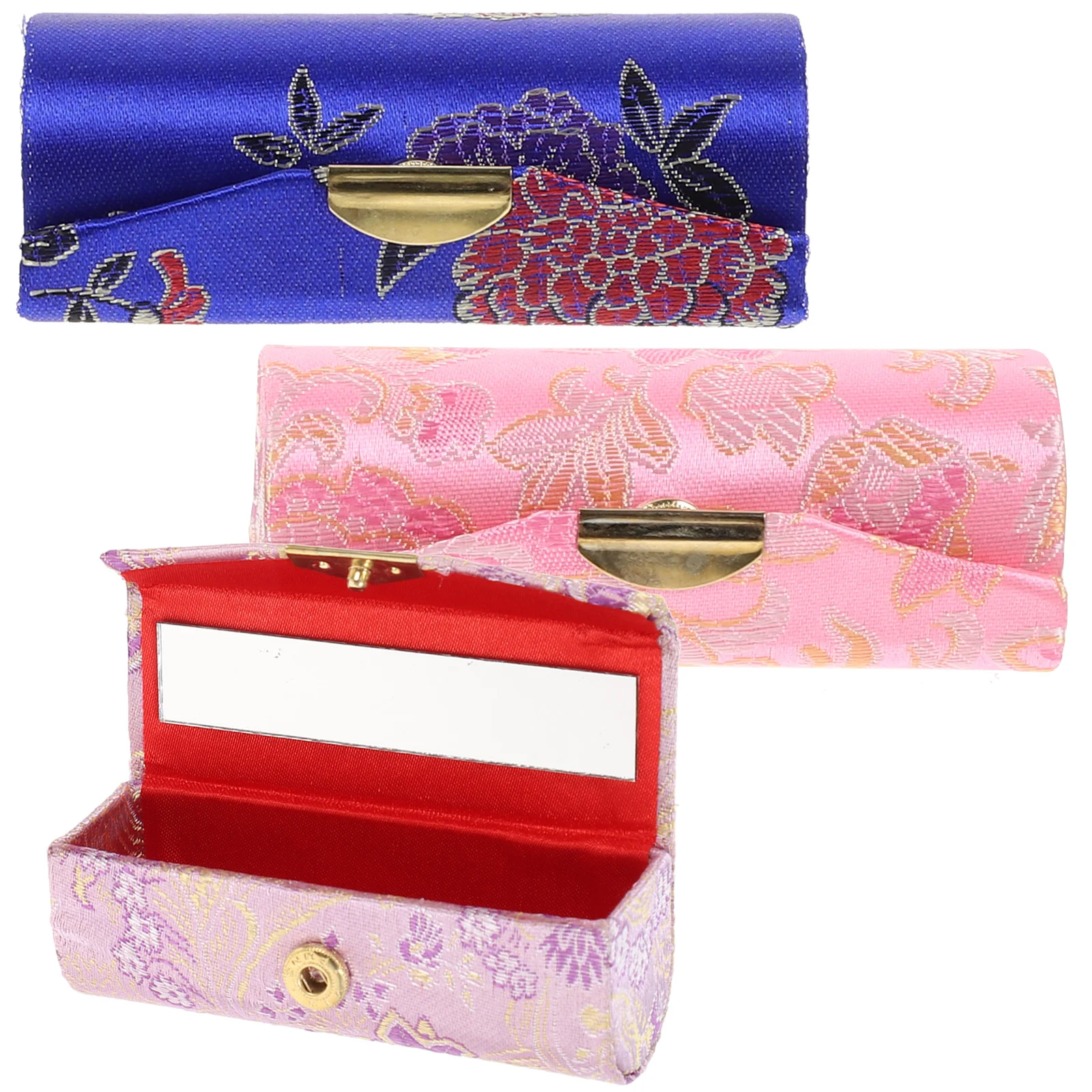 

Lipstick Case Holder Box Purse Mirror Lip Storage Makeup Organizer Flower Chinese Ladies Gloss Satin Floral Gift Balm Vintage