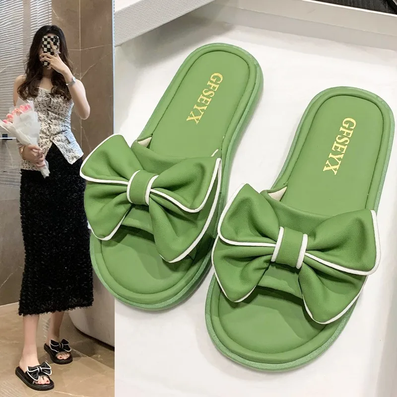 Korean Version 2cm Flat Shoes With Bow Embellished Slippers Women's Flip-Flops Green Sandals New 2023 Summer Slipper Fashion