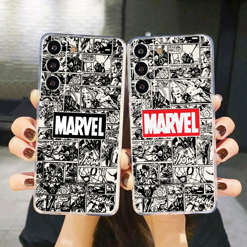 

Luxury Marvel LOGO Art Cartoon Phone Case For Samsung S22 S21 S20 FE Ultra Pro Lite S10 5G S10E S9 S8 Plus S7 Transparent Cover