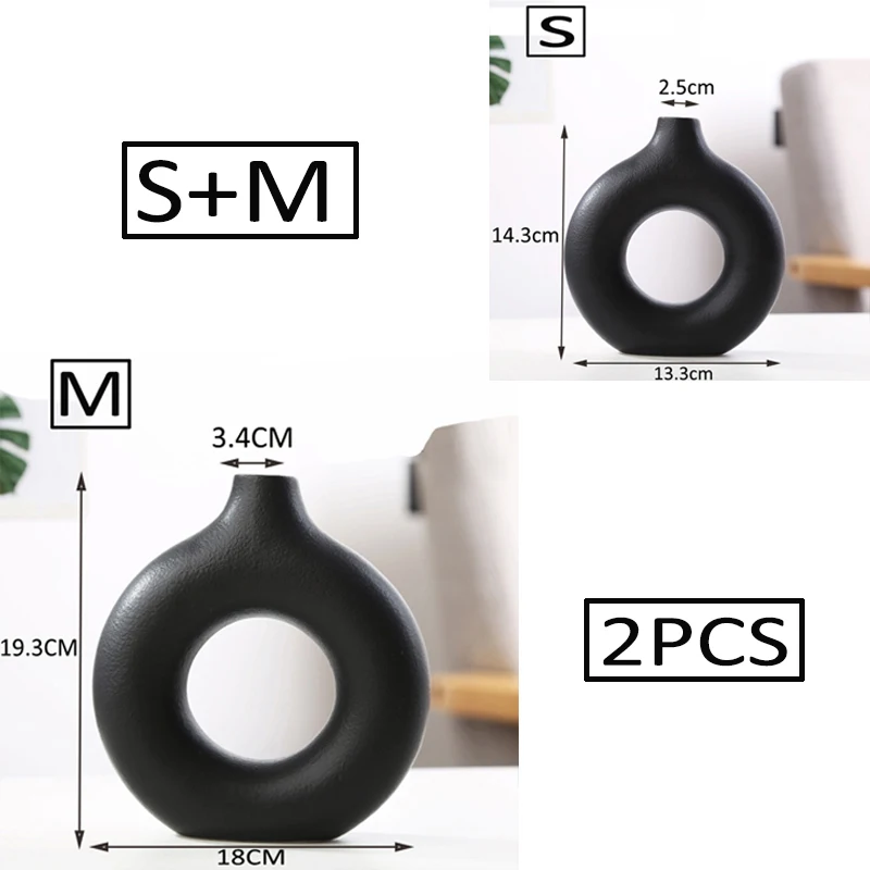 

[ 2 PCS ] Nordic Vase Circular Hollow Ceramic Donuts Flower Pot Home Living Room Decoration Interior Office Desktop Decor Gift