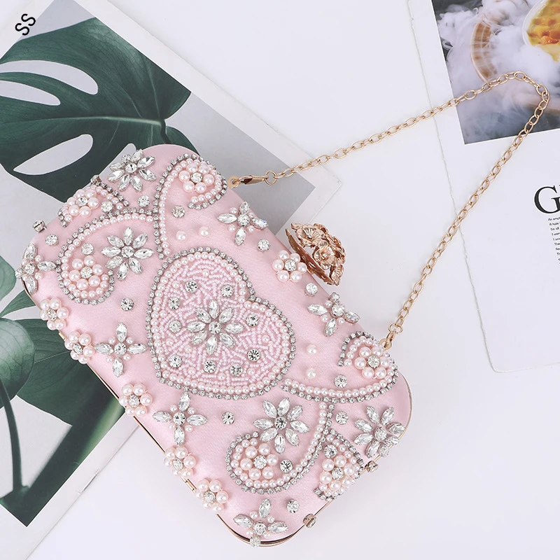 

Handmade Pearls& Rhinestones Pink Make-up Ladies Hard Shell-clutch Bags Gold Flower Lock Handbag