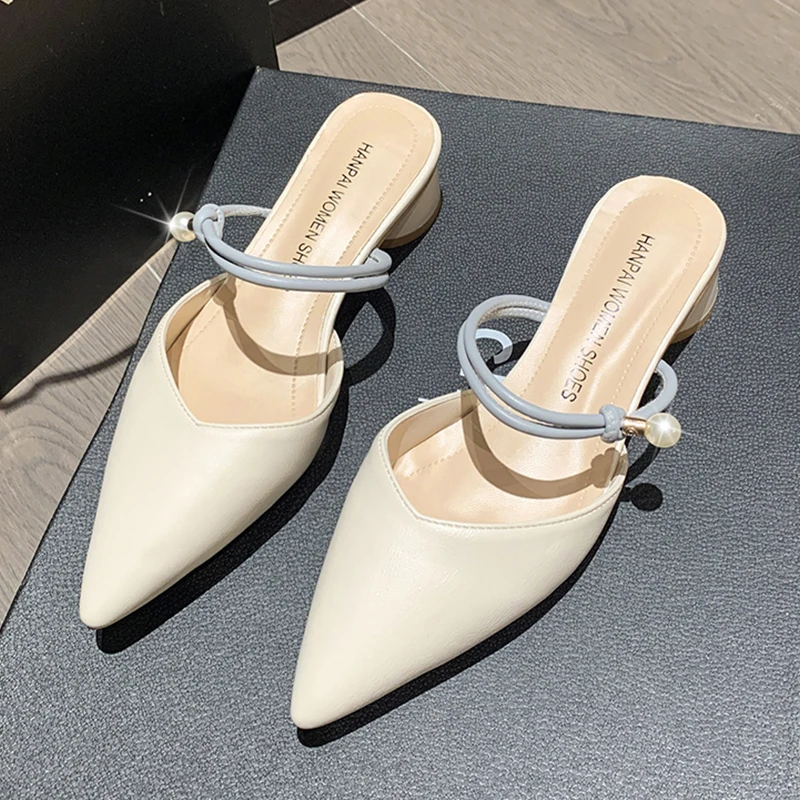 Summer Mules Shoes Woman 2023 New Korean Fashion Outdoor Heeled Mules Slippers Women Sandals Design Pointed Toe Dress Shoes