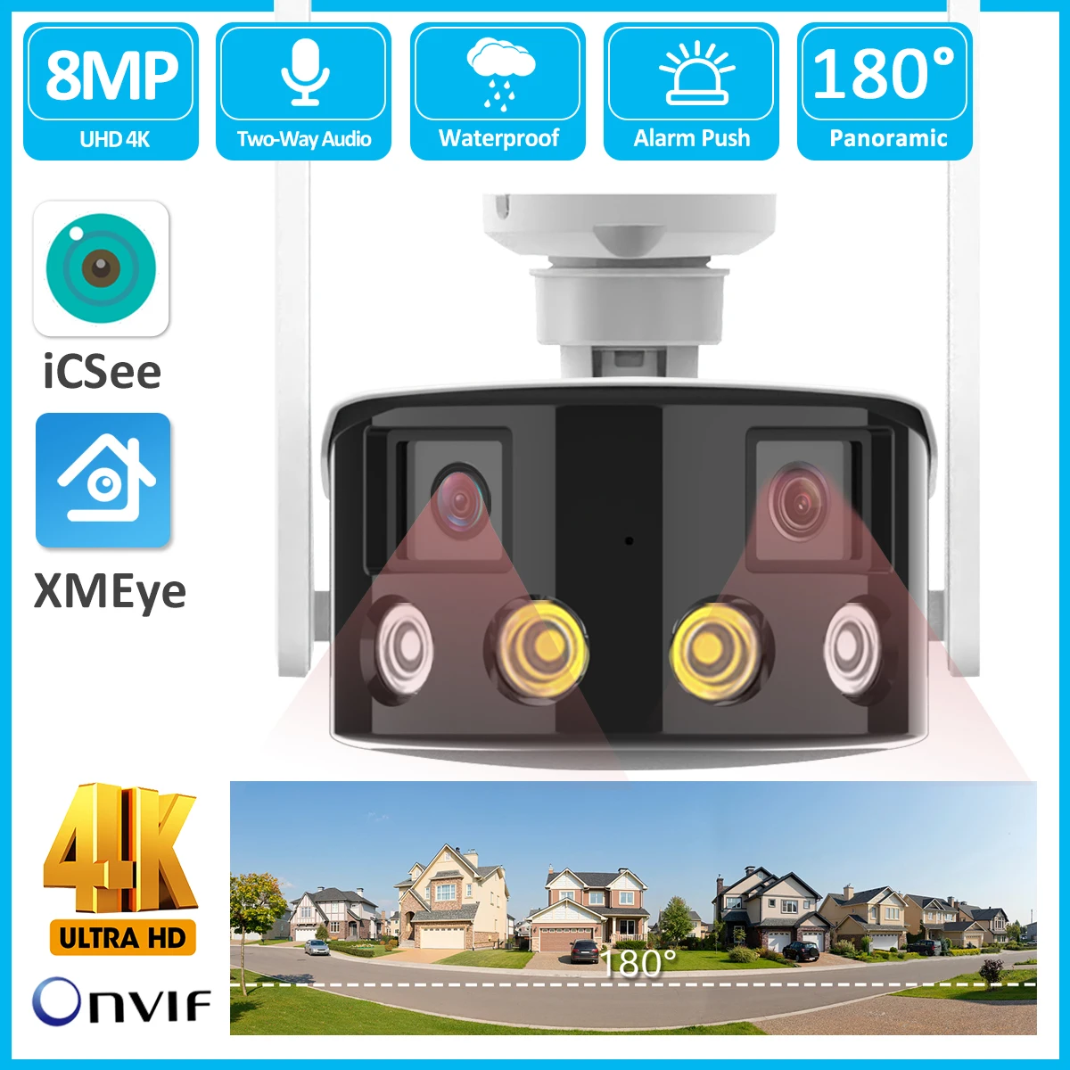 Outdoor 4K 8MP 180° Ultra Wide View Angle Panoramic Waterproof External WiFi IP Camera Dual Lens Fixed AI Detection Security Cam