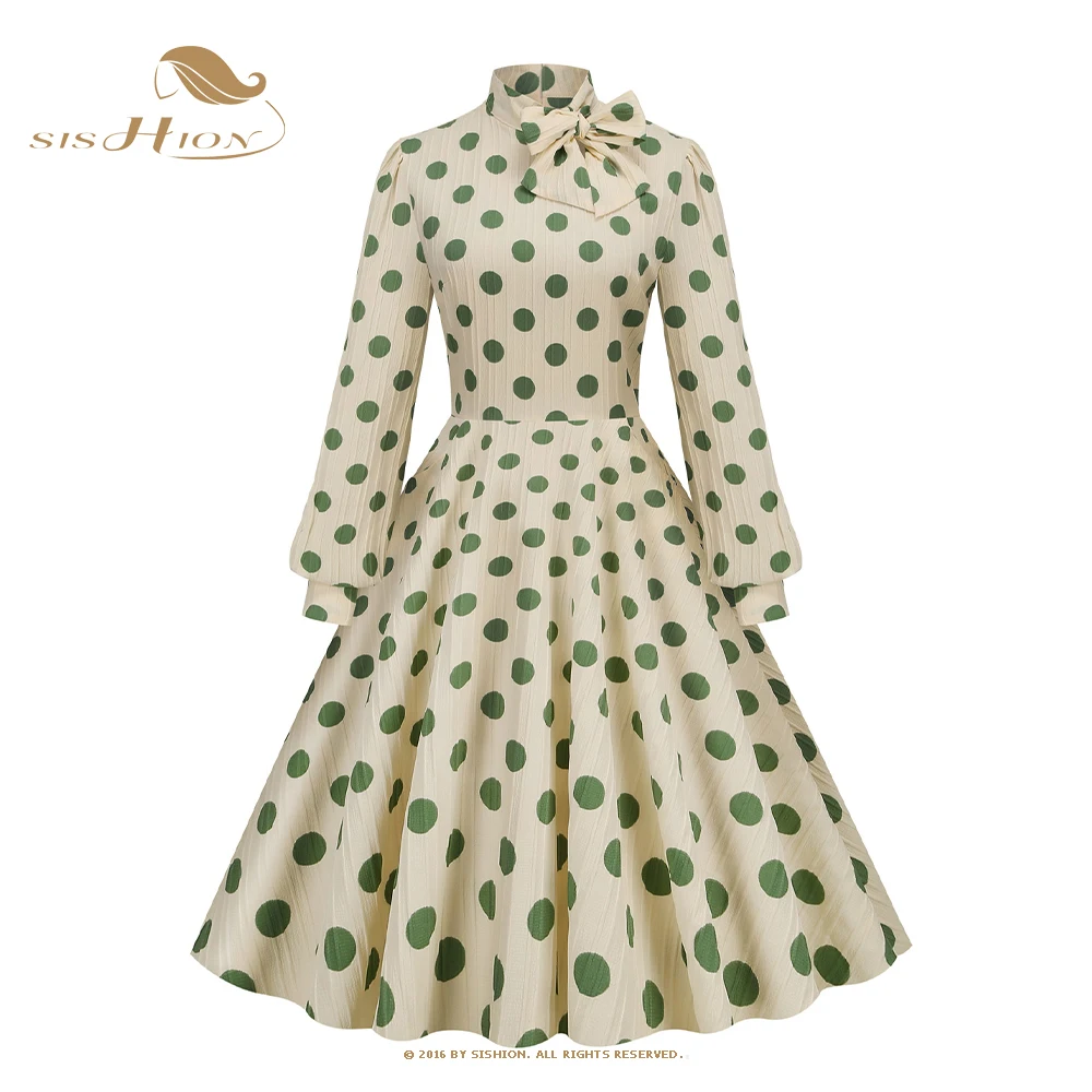 

Женское винтажное платье миди в горошек, с бантом на шее и длинным рукавом