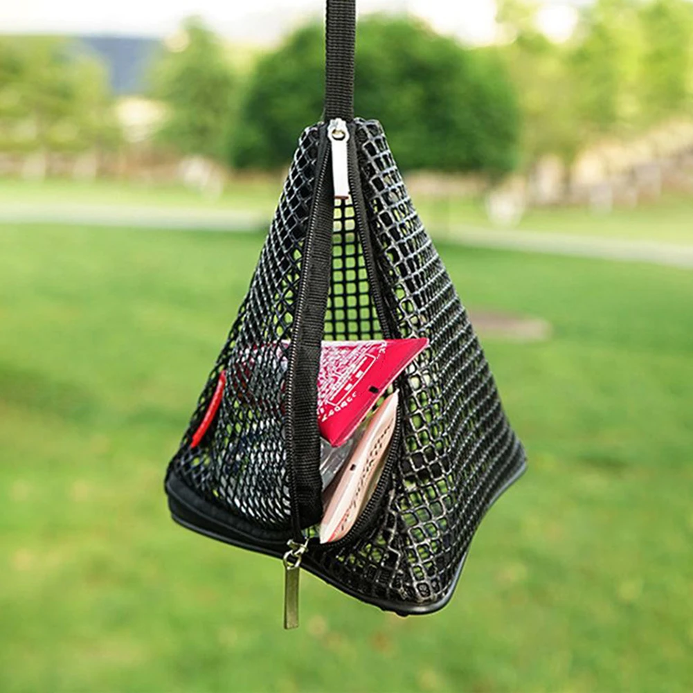 Outdoor Zipper Mesh Bag Hanging Triangular Storage Basket with Hook Foldable PVC Drying Net for Camping Picnic