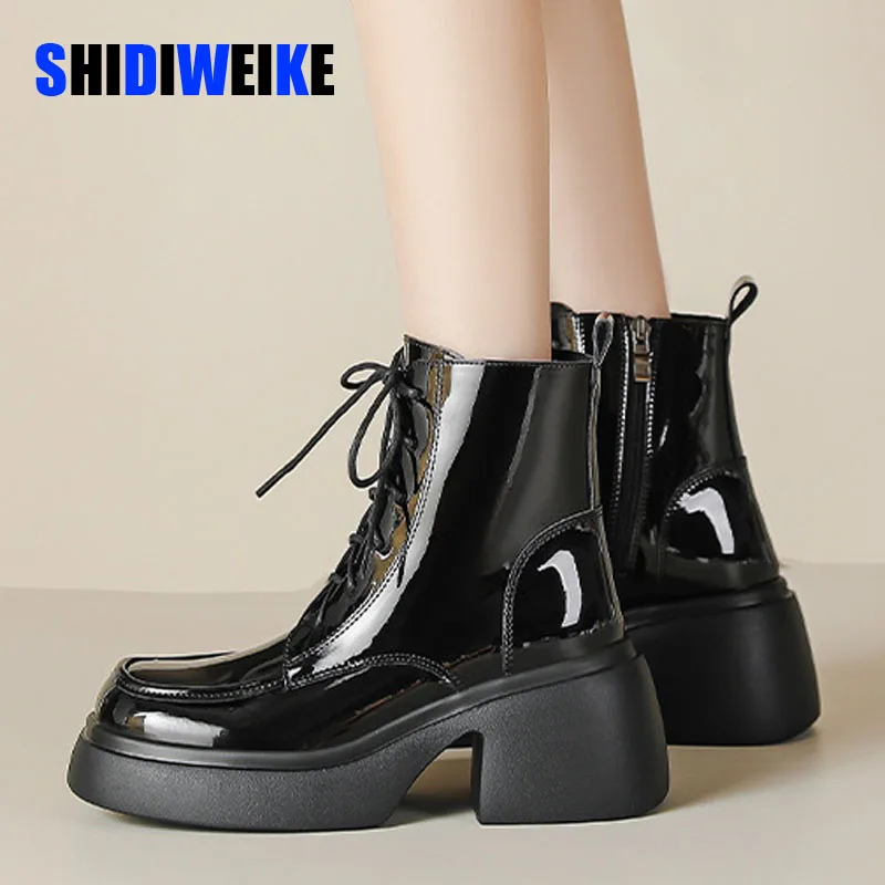 

SDWK/ботильоны в стиле панк, готика; Женская обувь черного цвета на массивном квадратном каблуке и платформе; Женская обувь из лакированной кожи на шнуровке; Женская обувь; Botas Mujer