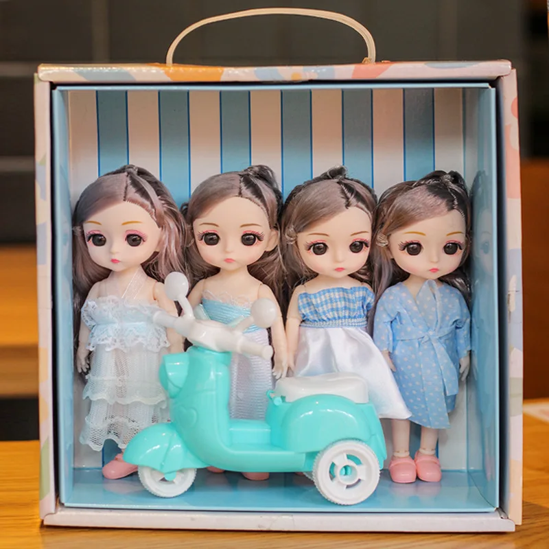 

16cm Doll Set Gift Box 4pcs Set BJD 13 Movable Joint 3D Eyes Dress Up Princess Bjd Dolls Send A Motorcycle Toy Gift for Girl