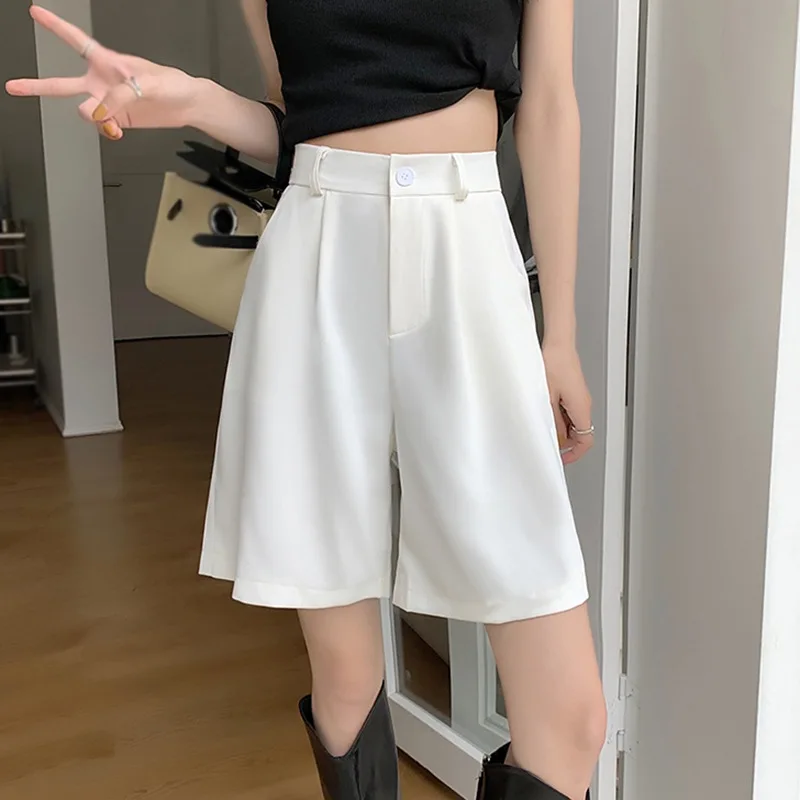 

Брюки до колен с высокой талией, женские Костюмные шорты с широкими штанинами, Свободные повседневные шорты в Корейском стиле, летние шорты