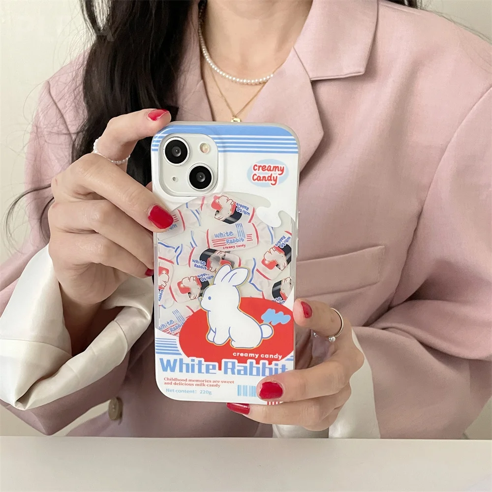 Cute Candy White Rabbit Phone Case with Bracelet For iPhone 14 13 12 Pro Max 11 14 Pro Trendy Double-deck Hard Back Cover Funda