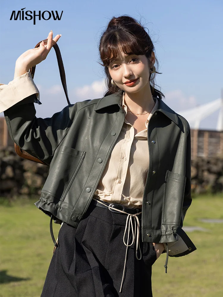 

Женская кожаная куртка, новинка 2022, Осеннее офисное однотонное свободное однобортное короткое пальто из искусственной кожи с отложным воро...