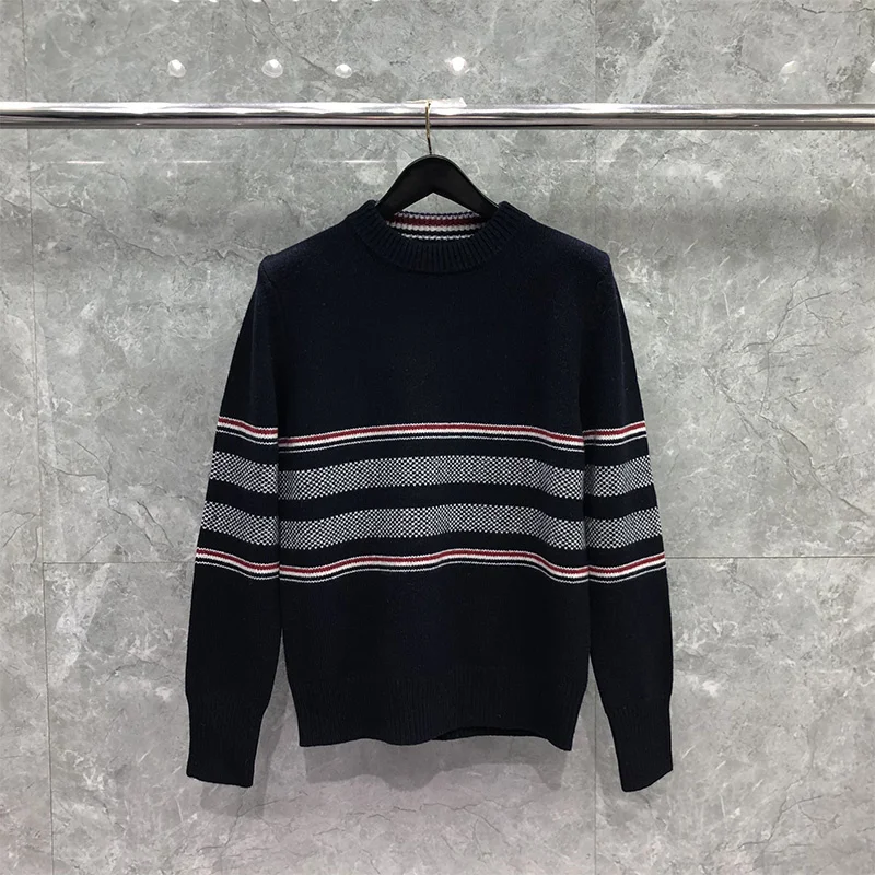 

THOM TB Men's Sweaters Harajuku Knitted Pullover Korean Version Of O-neck Hem Striped Top Luxury Brand Coat Navy TB Sweater