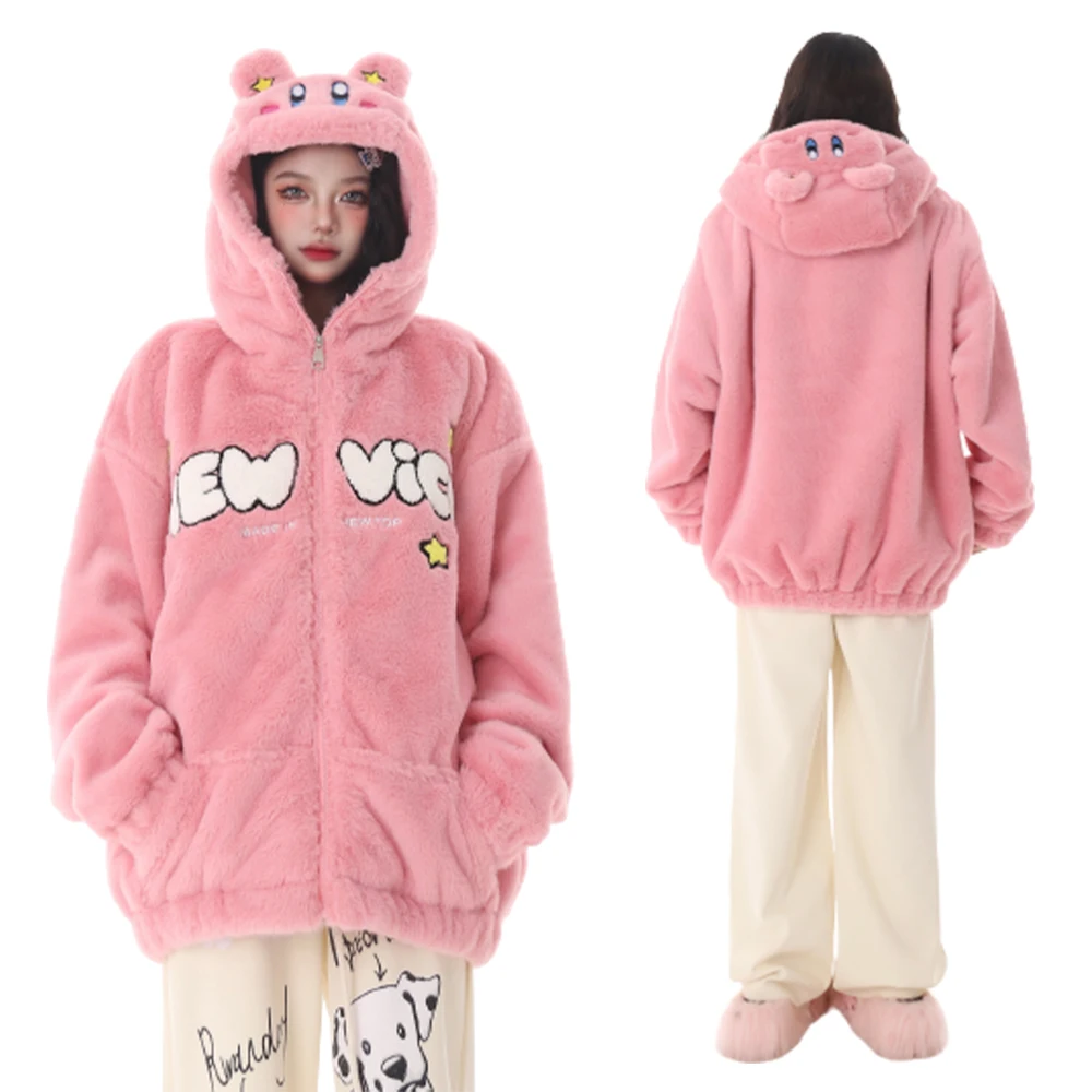 

New Kawaii Kirby Plush Cotton Clothes Coat Thicken Anime Figure Cartoon Winter Warm Hooded Tops Embroidery Student Fashion Loose