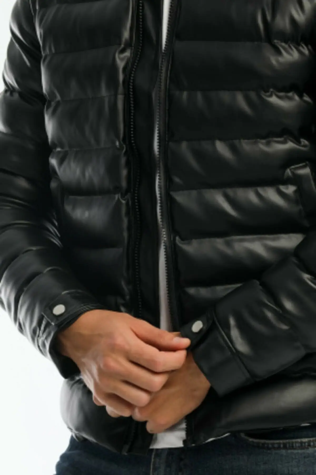 New Season Comfort Model Black Leather Inflatable Jacket Water, Wind And Cold Proof Men