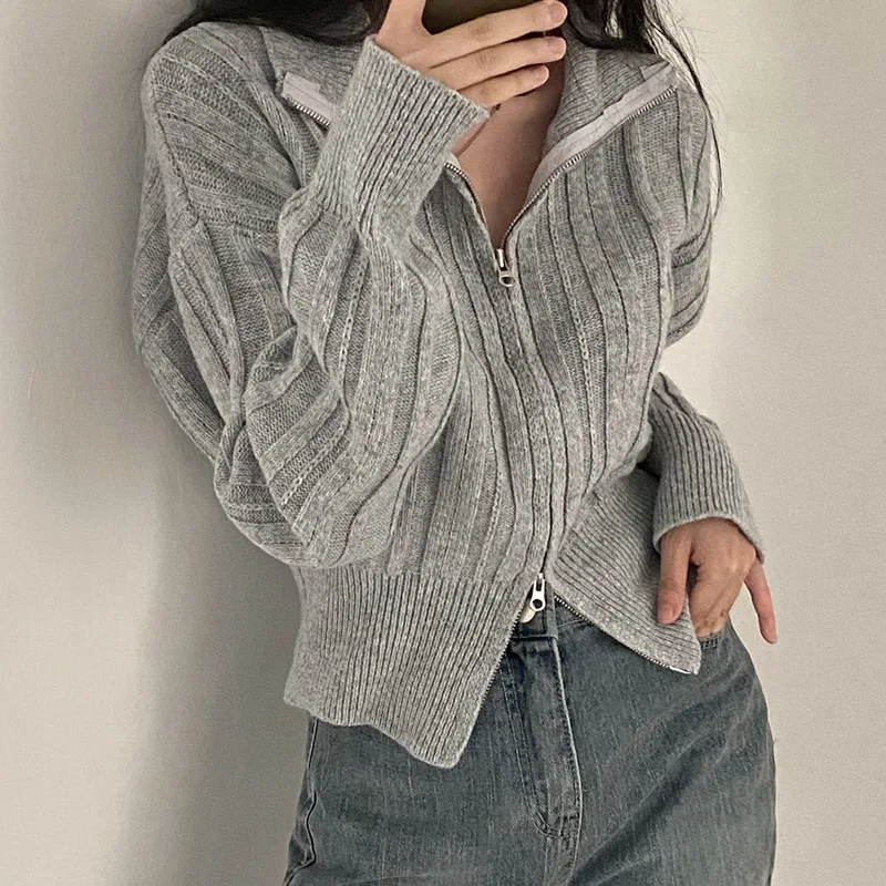 Корейский свитер с двойной молнией и лацканами повседневный длинными рукавами