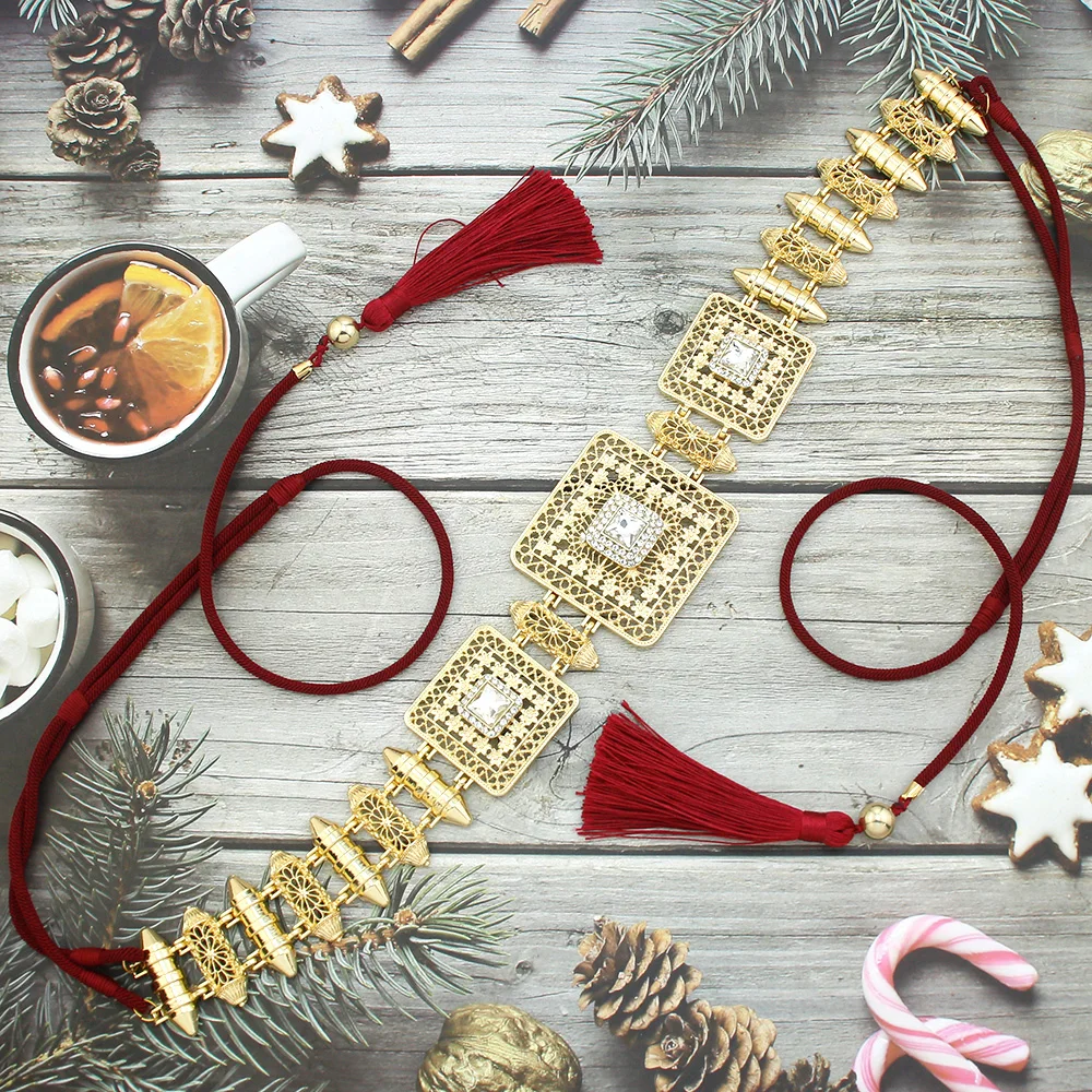 

Neovisson High Quality Morocco Handmade Rope Belt Gold Color Square Crystal Caftan Woven Tassel Belt Dress Accessories