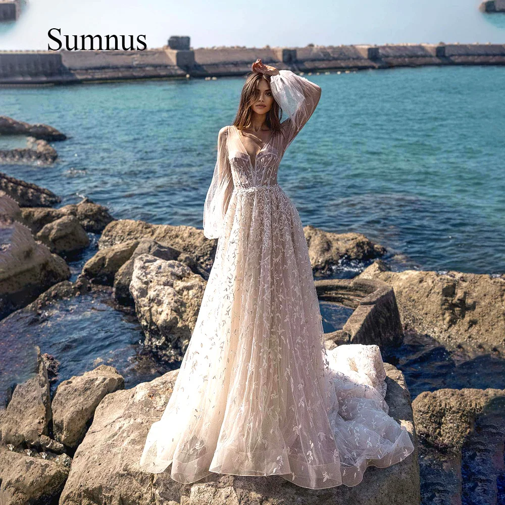 

Sumnus Luxury Full Appliques Beach Wedding Dresses Long Sleeve Sexy V Neck Backless Boho Bride Dress Tulle With Train Customized