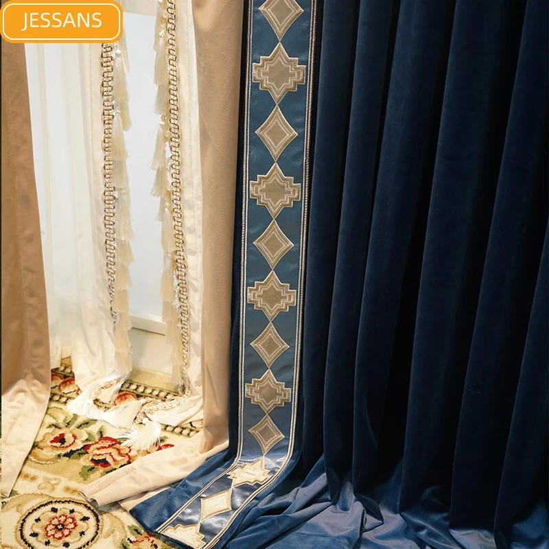 

European High-grade Velvet Embroidery Lace Stitching Blackout Curtains for Living Room Bedroom Custom Finished Gauze Curtains