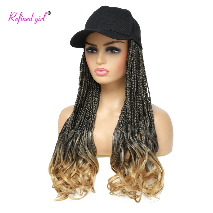 Synthetic Hat Wig Boho Box Braids Hair with Baseball Cap Attacheded Curly Ends Braiding Hair For Black Woman Black Brown Red