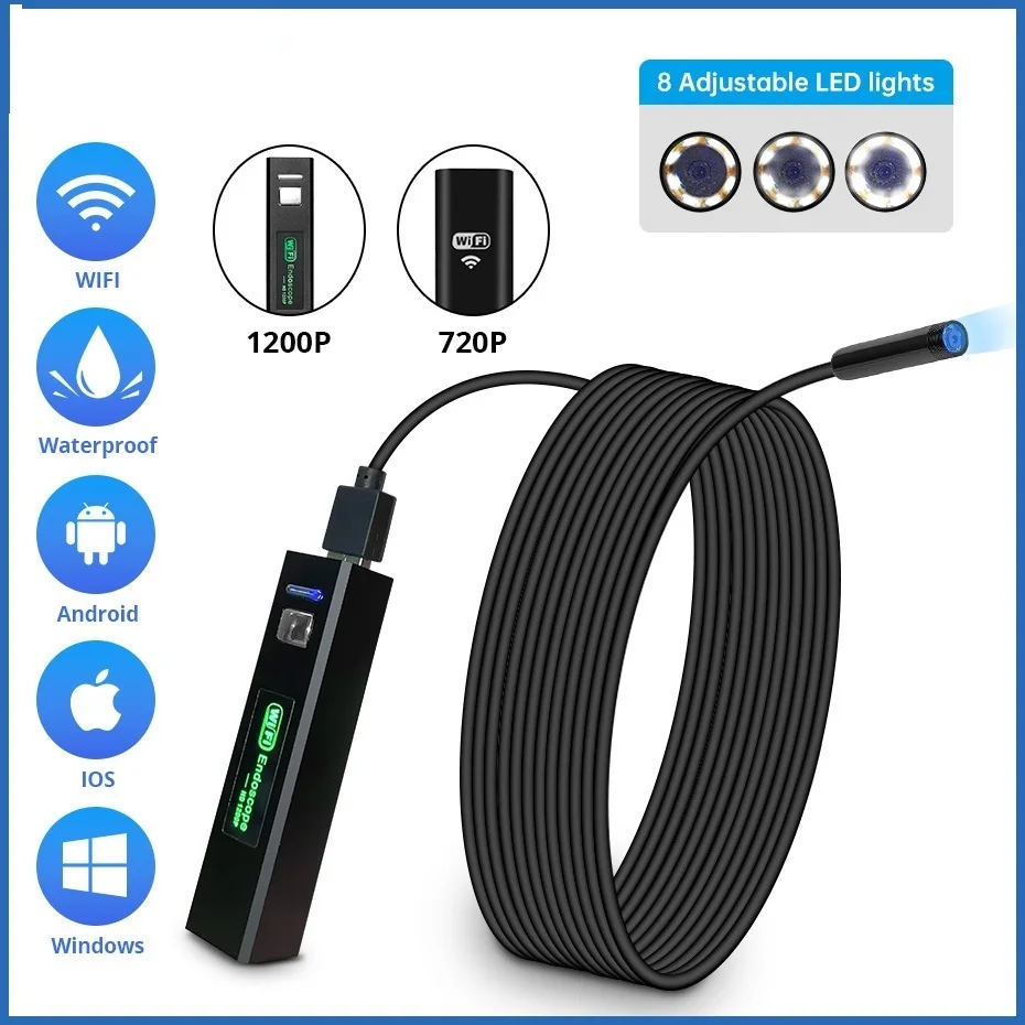 

720P WIFI Endoscope IP67 Waterproof HD Wireless Inspection Snake Camera USB Borescope For Car Android IOS Smart Phone 2M 5M 10M