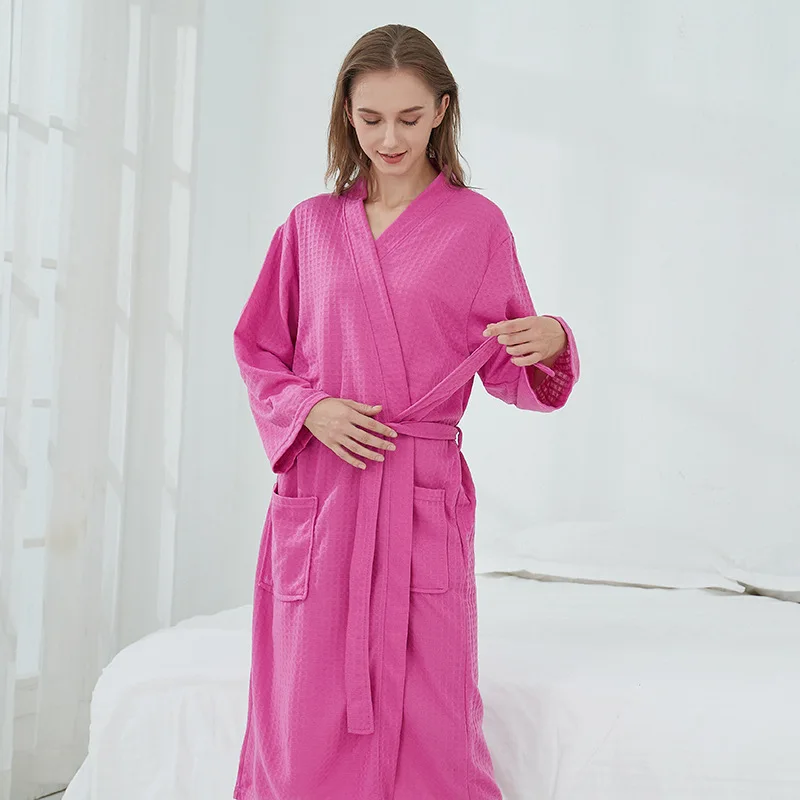 Waffle Couple Bathrobe Spring Women Dressing Gown Three Quarter Sleeve Cotton Kimono Solid Robe With Pockets Knee Length Robes
