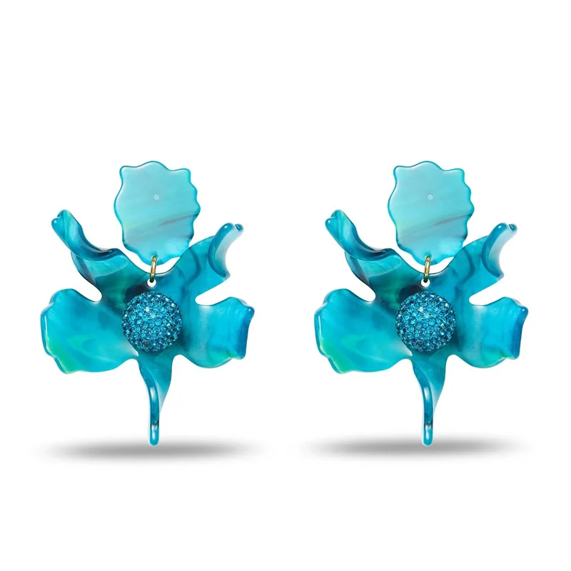 Новые серьги-гвоздики с драгоценными камнями и синим цветком модные