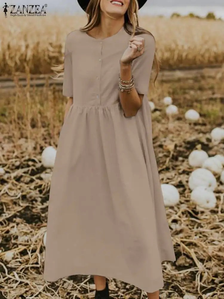 

ZANZEA Women Summer Dress Fashion Half Sleeve Solid Holiday Mid-calf Sundress 2022 Robe Femme Casual Loose Party Beach Vestidos
