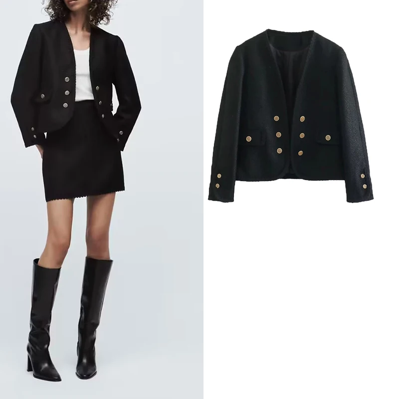 

Autumn Winter 2022 New Style Buckle Black Long Sleeve Textured Suit Coat Casual Slim Show Slim Suit Coat Women