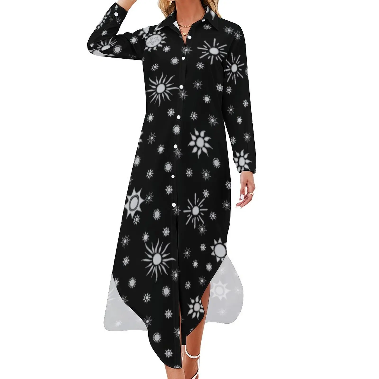 

Sun Print Casual Dress Sunshine Street Style Dresses Sexy V Neck Beach Chiffon Dress Long Sleeve Clothes Large Size