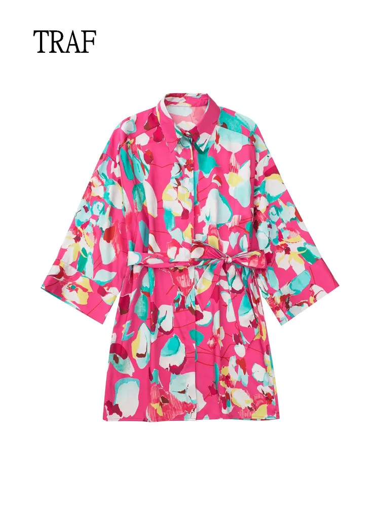 

TRAF Print Shirt Dress Women Vestidos 2022 Summer Fashion With Belted Short Dress Woman 3/4 Sleeves Casual Dresses Lady Dresses
