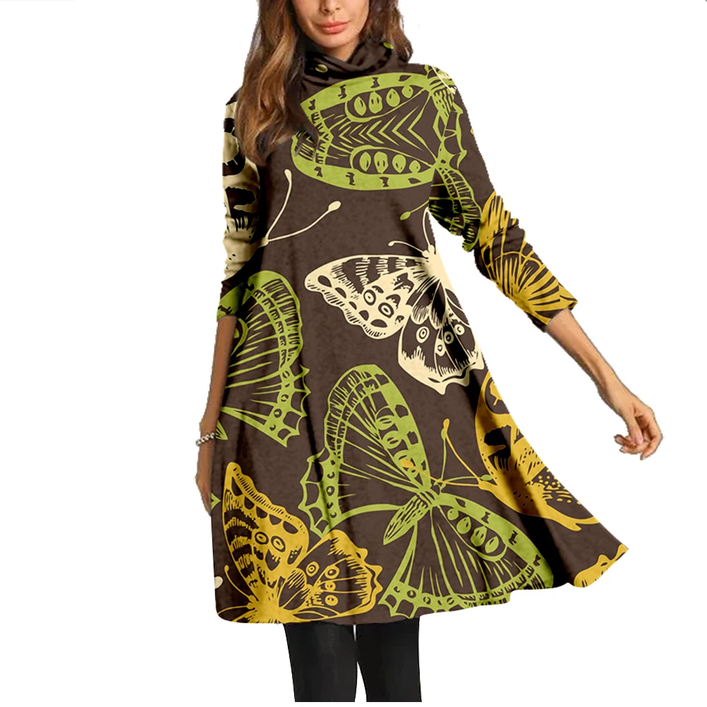 

Autumn Soft Mid-length Dress Women Casual Dress Fashion Insect Print Women Long Sleeve High Neck Ladies Loose Dress