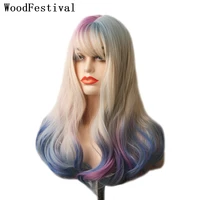 woodfestival synthetic hair rainbow wig with bangs colorful colored cosplay wigs for women ombre korean wavy medium length