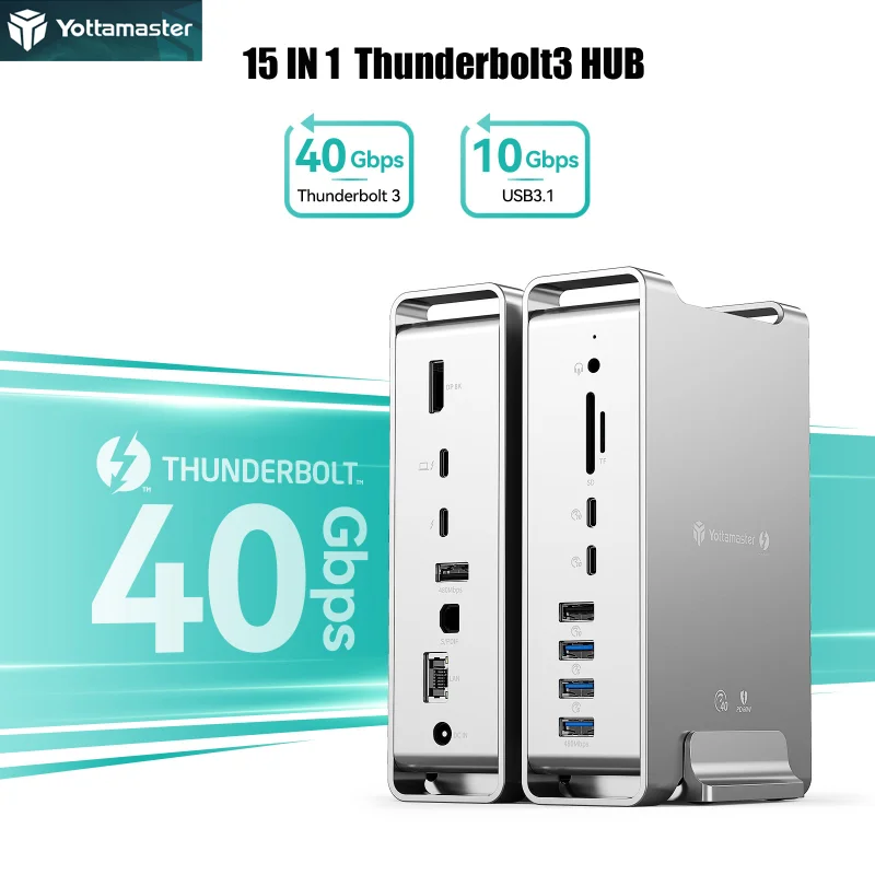 

Док-станция Yottamaster Thunderbolt3, док-станция 15 в 1, совместимая с HDMI, 8K/30 Гц, для MacBook, конвертер Huawei【VGA + USB + HDMI + PD60W