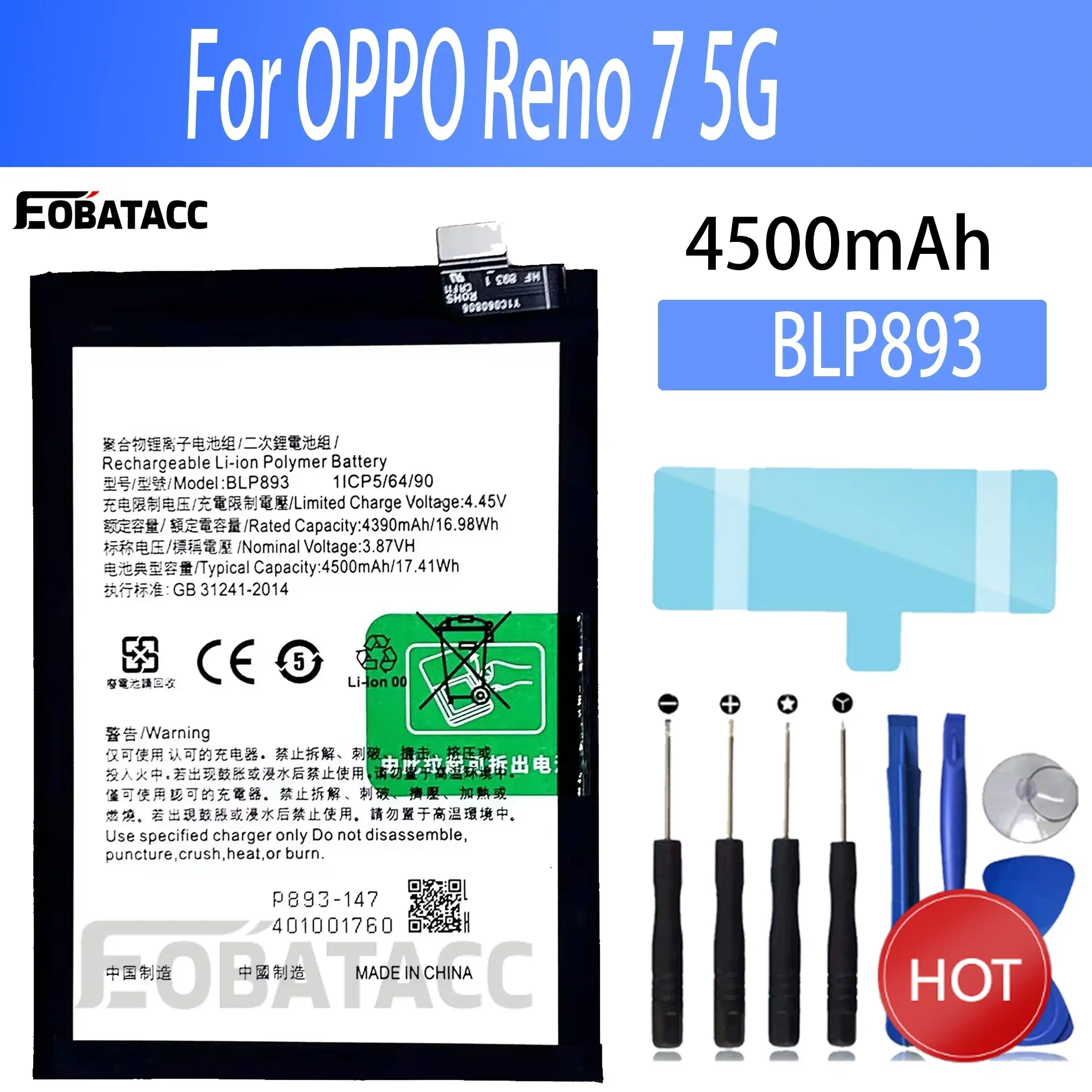 100% новый оригинальный аккумулятор BLP893 для OPPO Reno 7 5G + бесплатные инструменты