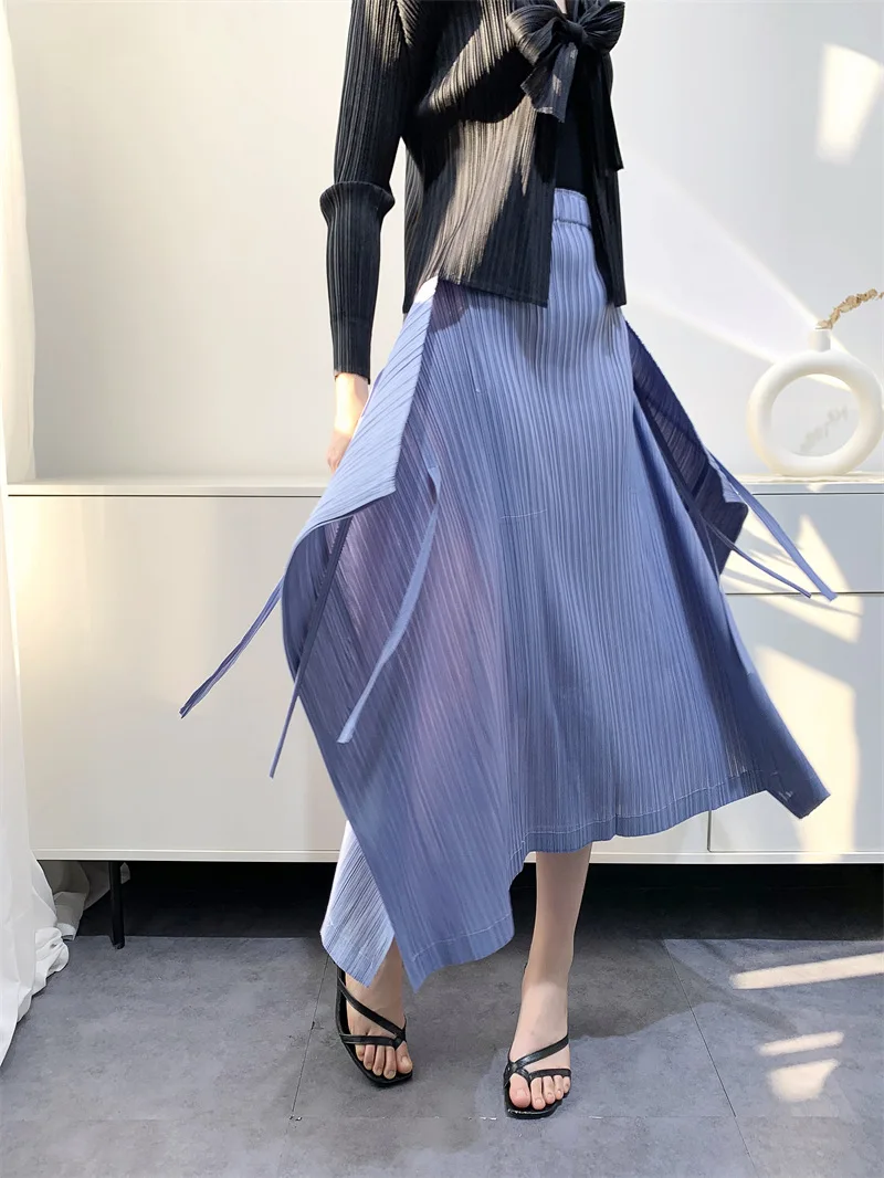 

Асимметричное плиссированное платье Miyake, модное повседневное однотонное свободное платье в Корейском стиле с завязкой, Женская винтажная юбка с оборками