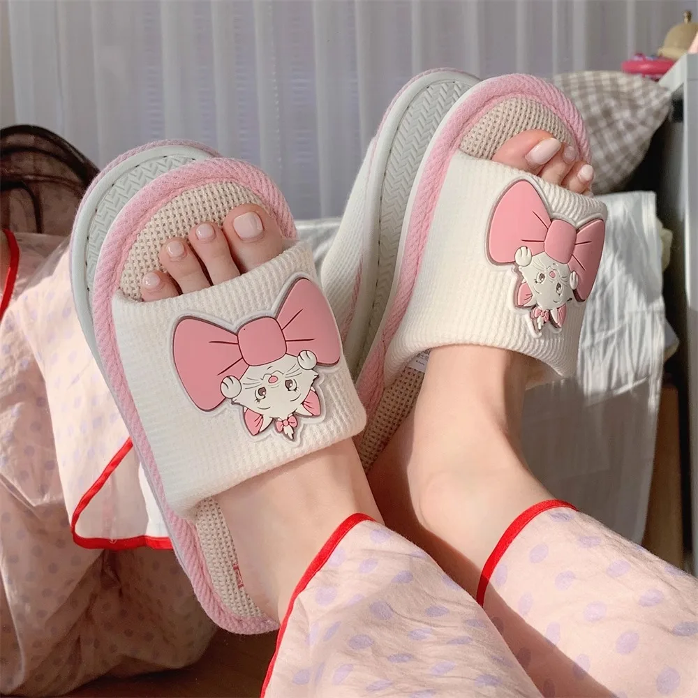 Симпатичные льняные однотонные Нескользящие домашние тапочки Disney с бантом Hello