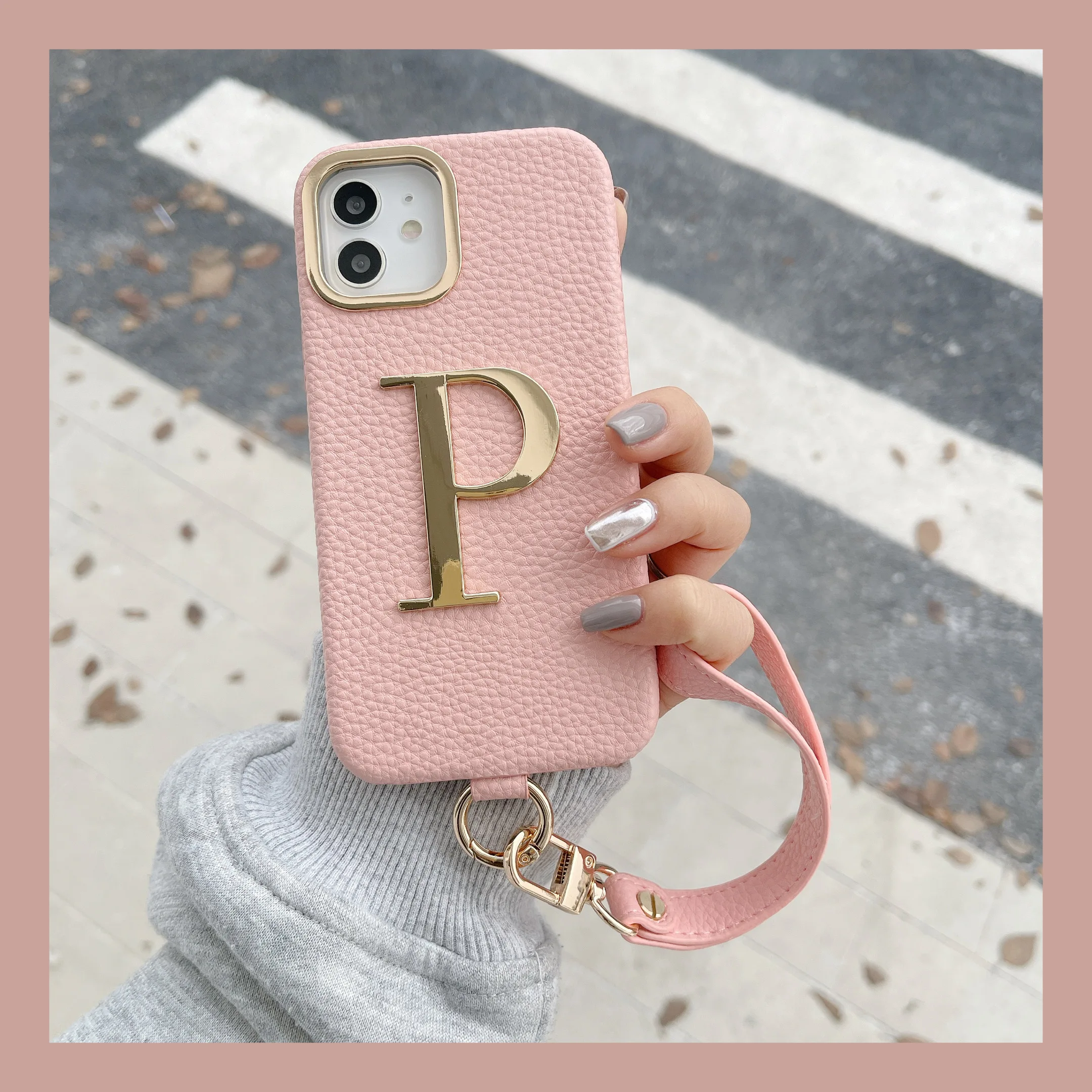 New Female Leather Custom Initial Leather Hand Rope Gold Letters Phone Case For iPhone 14 14ProMax 14Plus 13Promax 13 12 11