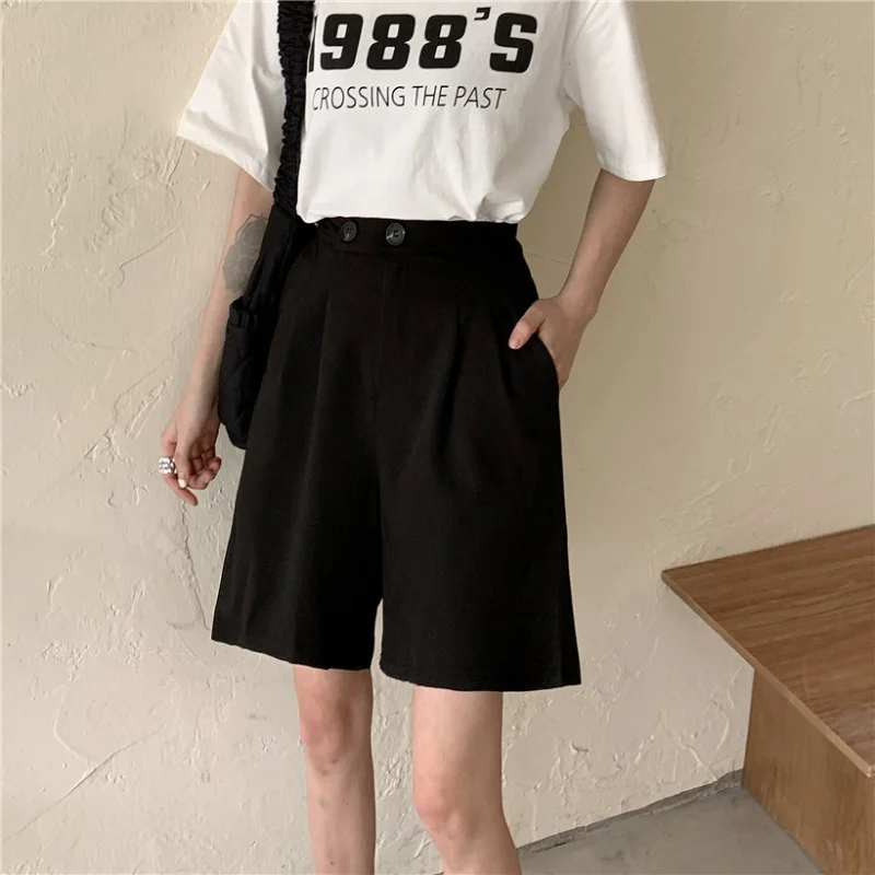 Loose Casual Straight High Waist Shorts with Front Pleats Thin Streetwear Summer Clothes for Women 2023 New Fashion Suit Shorts