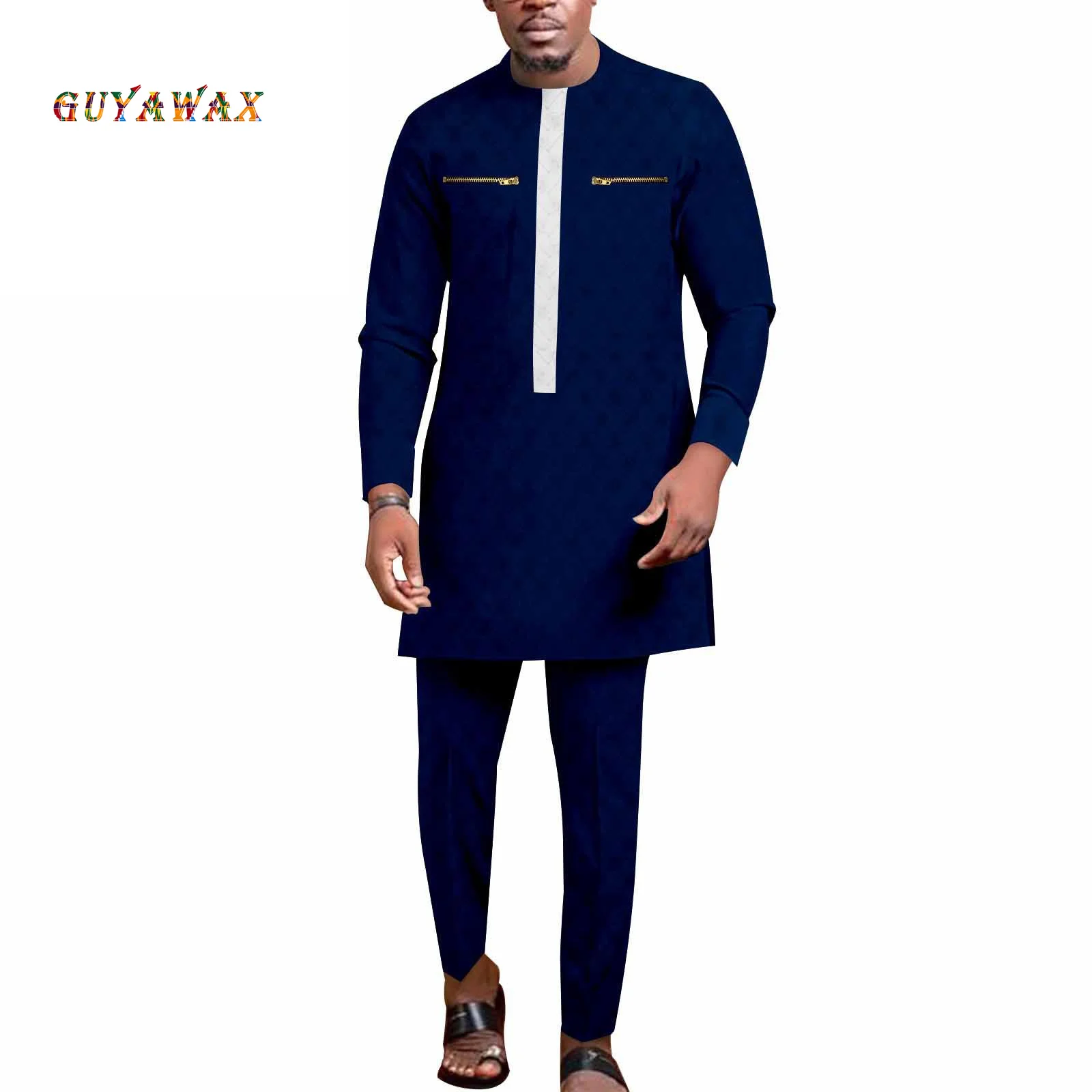 African Suits Formal Outfits Plus Size Bazin Riche African Men Traditional Clothing Set Full Sleeve Zip Shirts and Pants Set