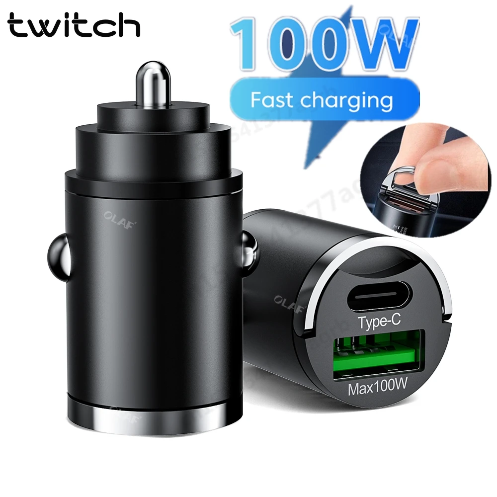 

Twitch 100W Mini USB C Car Charger PD QC3.0 Fast Charging Adapter for iPhone 14 Pro Sumsung iPad Macbook Huawei Phone Cargador
