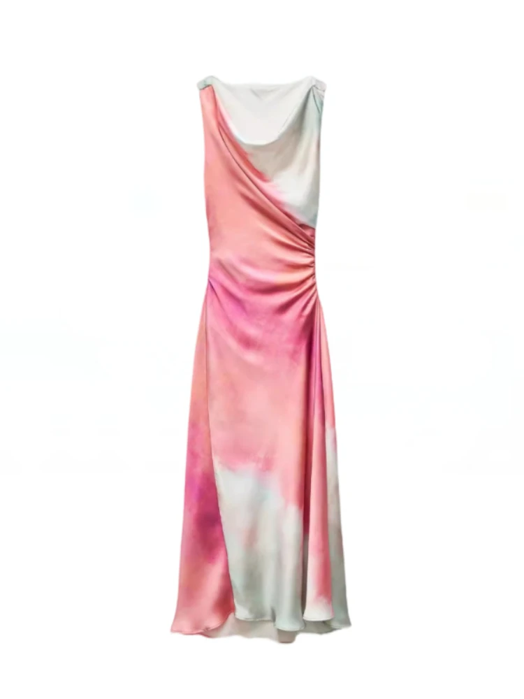 ZBZA Женское Платье Миди С Принтом Тай-дай Атласное Трапециевидной Формы Без