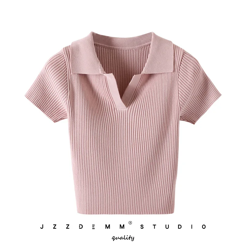 

Fashion simple solid color knitted short-sleeved t-shirt women's summer new slim small lapel high waist short top
