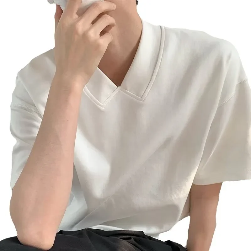 Летняя однотонная мужская футболка свободного покроя с v-образным вырезом