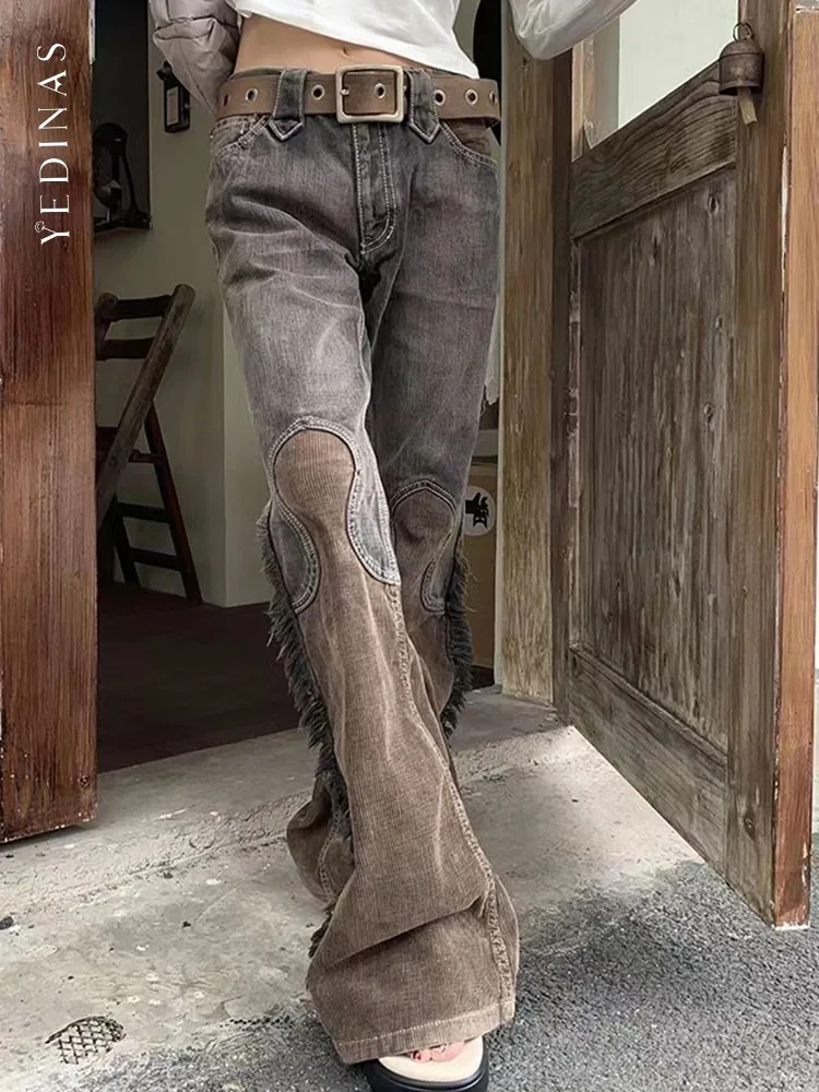 

Jingcheng American Retro Patchwork Mom Jeans Femme Y2k Tassel Design Denim Flare Pants Autumn Winter 2022 Jeans