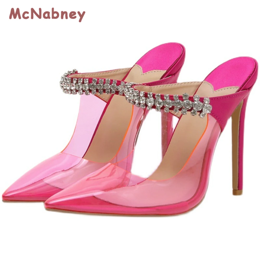 Crystal Clear Soft Women Pumps Slippers Fashion High Heels Luxury Rhinestone Pointed Toe Stiletto Summer Party Prom Slides