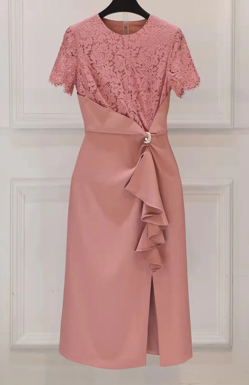 

Женское облегающее платье с коротким рукавом, розовое, винно-красное платье средней длины составного кроя с кружевом, украшенное бусинами, xxl, лето 2022