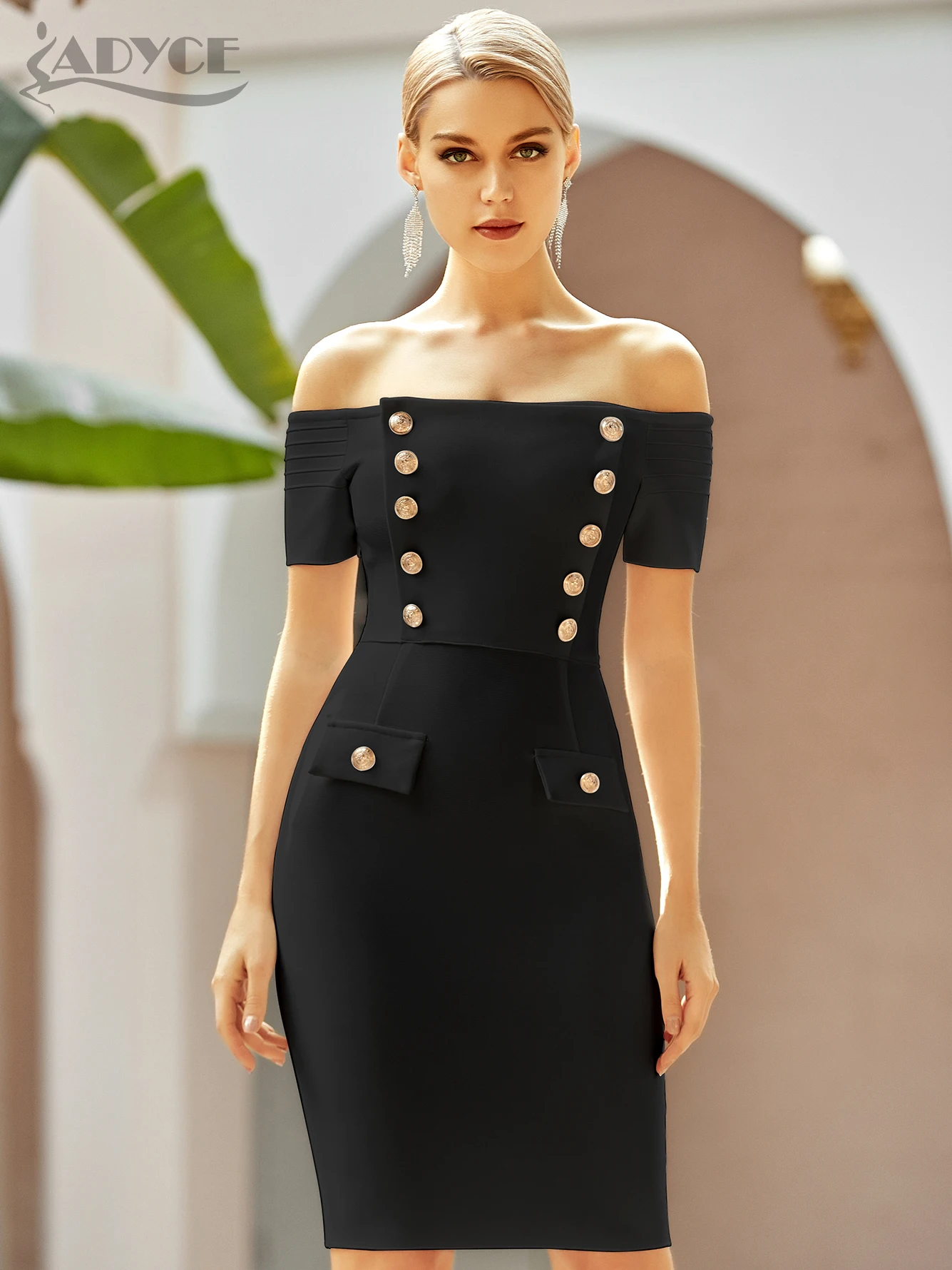 Adyce 2023 New Summer Black Off Shoulder Club Bandage Dress Women Sexy Short Sleeve Buttons Celebrity Evening Runway Party Dress