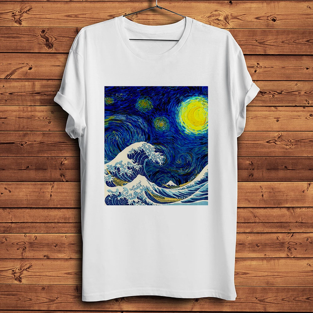 Фото Ukiyoe Van Gogh Звездная ночь Великая волна Канагава Эдо Укиё Винтажная футболка Мужская белая повседневная короткая футболка унисекс Уличная футболка №2