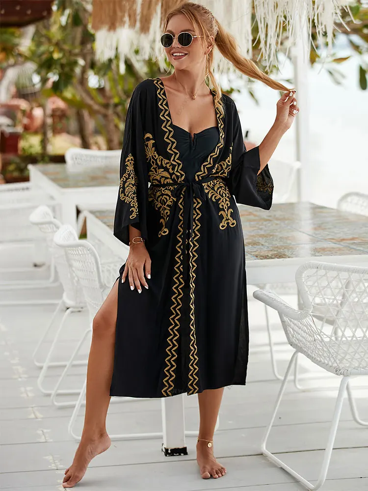 

EDOLYNSA Black Vintage Golden Embroidered Long Kimono Cardigan Beach Wear Swim Suit Cover Up Bikini Cover-ups Wrap Dress Q1489