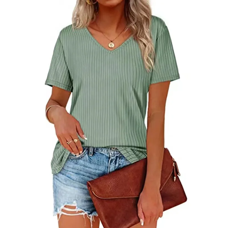 Купи Ladies Short Sleeve Fashion Solid Color V-Neck Summer Pullover T-Shirt Casual Women Elegant Chic Soft Versatile Comfortable Tops за 533 рублей в магазине AliExpress